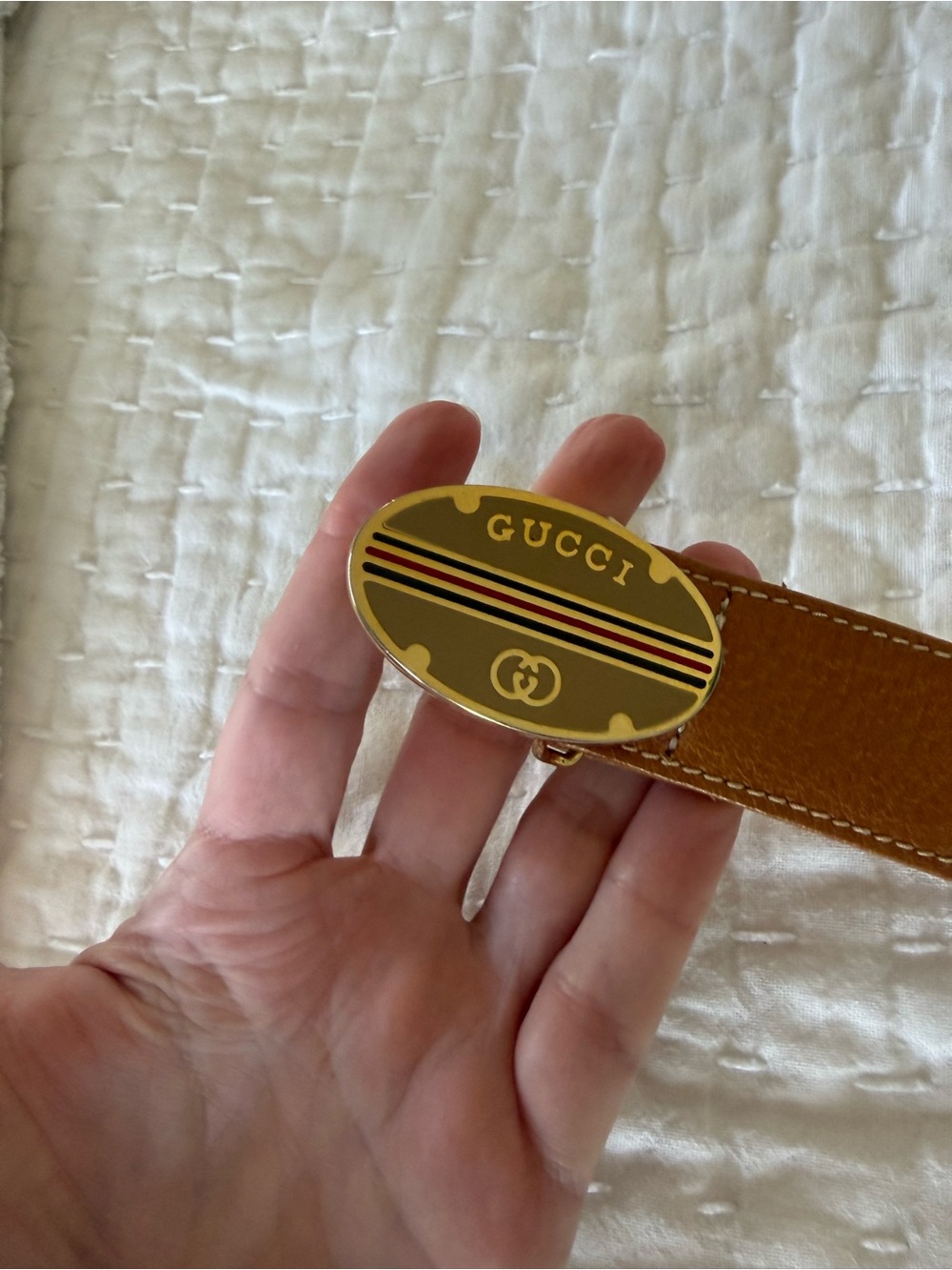 Vintage Gucci Tan Brown Leather Belt with Gold Oval Logo Buckle